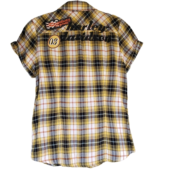 Harley Davidson Women's Yellow Plaid Button Down Shirt Small - Picture 2 of 7